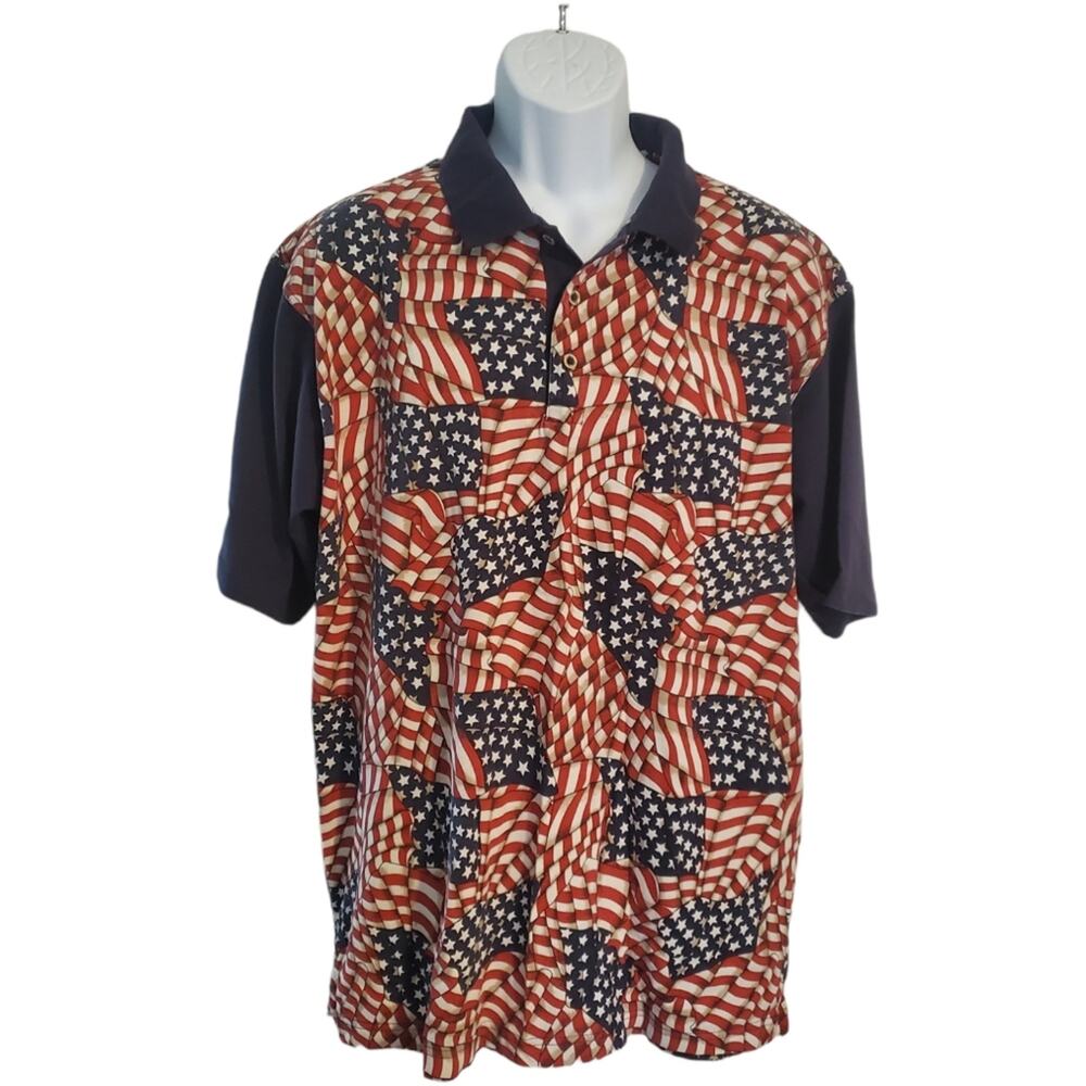 CODY JAMES Men's patriotic polo shirt USA flags all over Blue collar sz. XL